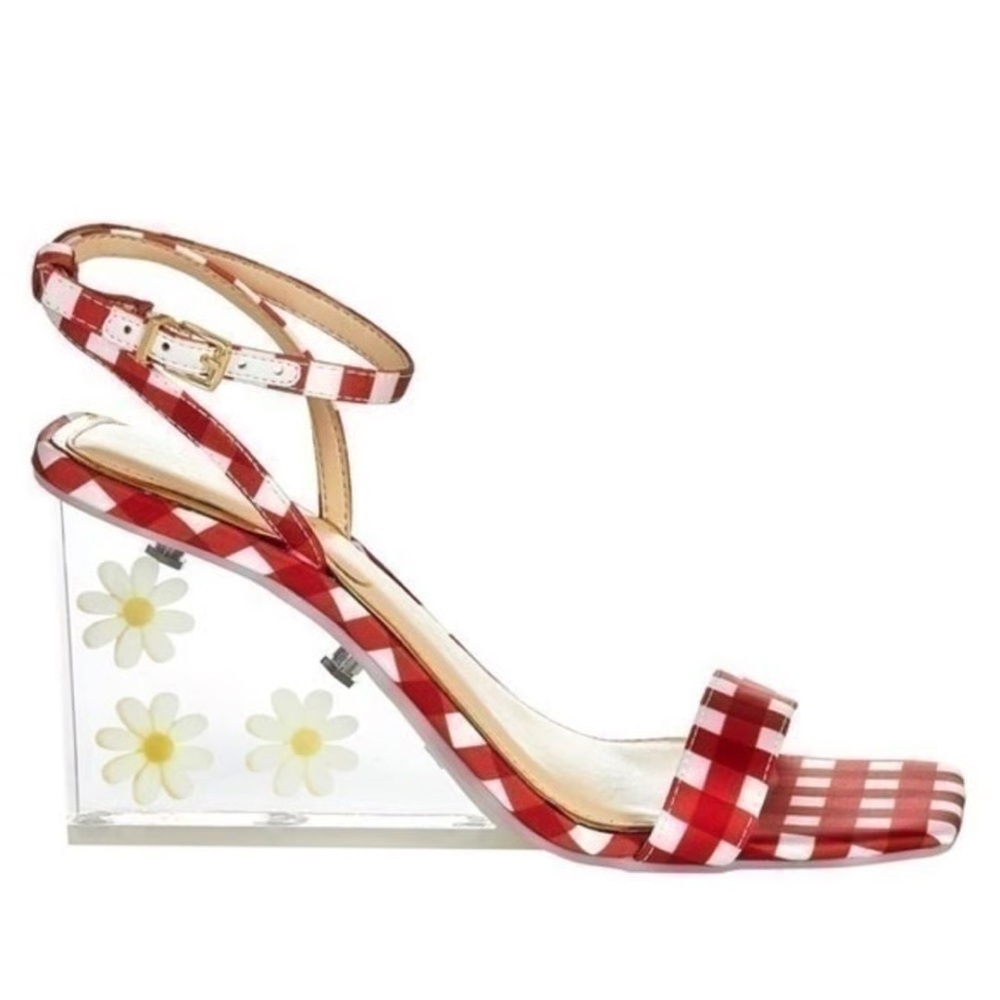 Jessica Simpson Red and White Gingham Plaid Picnic Daisy Acrylic Wedges